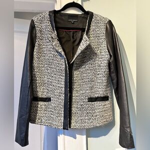 Cynthia Rowley Tweed Boxy Jacket with Black Leather Sleeves and Trim in Medium